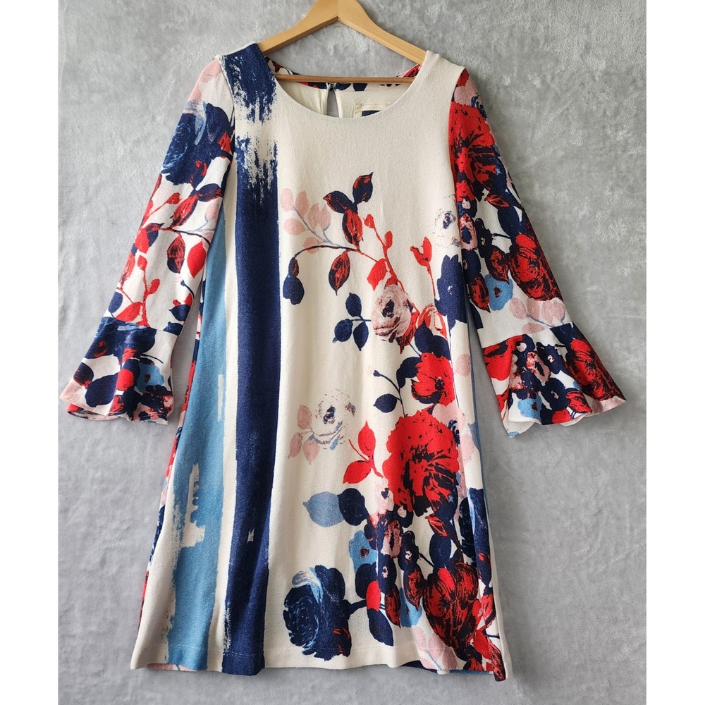 Maeve Dress Womens Size Large Sweater Knit Artsy Floral Flounce Sleeve Lined